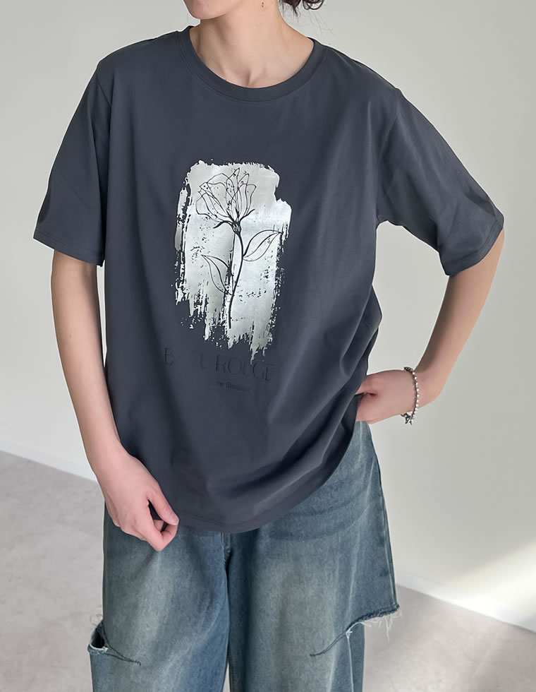 接触冷感・UV天竺箔フラワーTシャツ