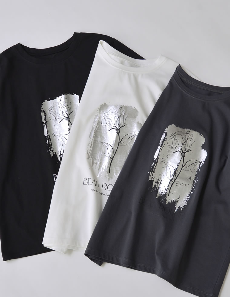 接触冷感・UV天竺箔フラワーTシャツ