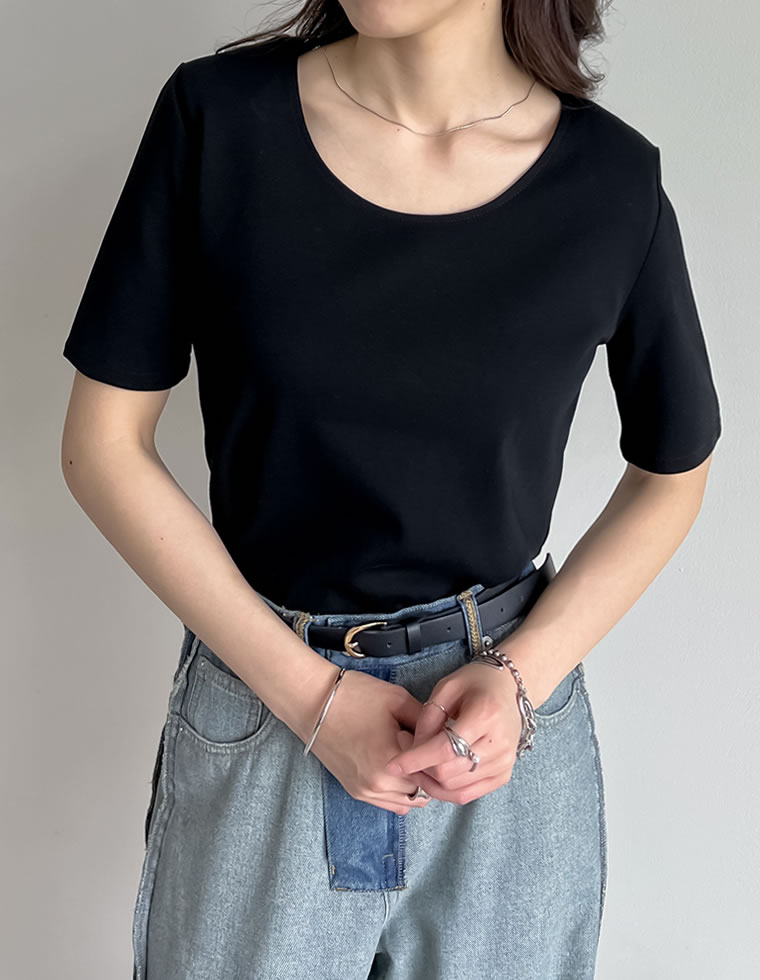 冷感マシュマロカットソーショルダーパッド半袖トップス