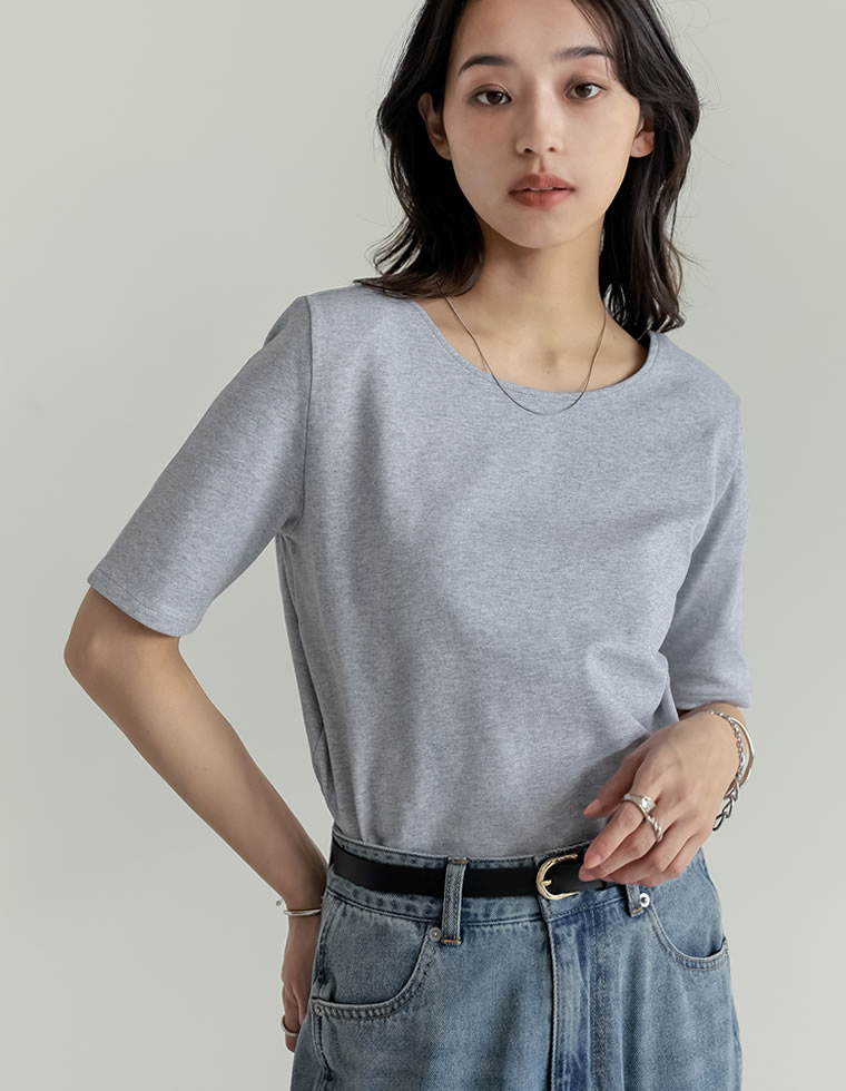 冷感マシュマロカットソーショルダーパッド半袖トップス