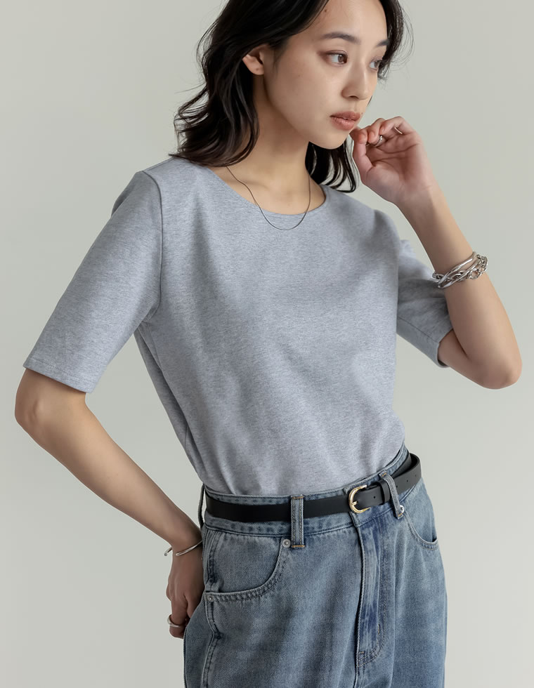 冷感マシュマロカットソーショルダーパッド半袖トップス