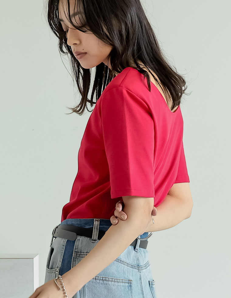 冷感マシュマロカットソーショルダーパッド半袖トップス