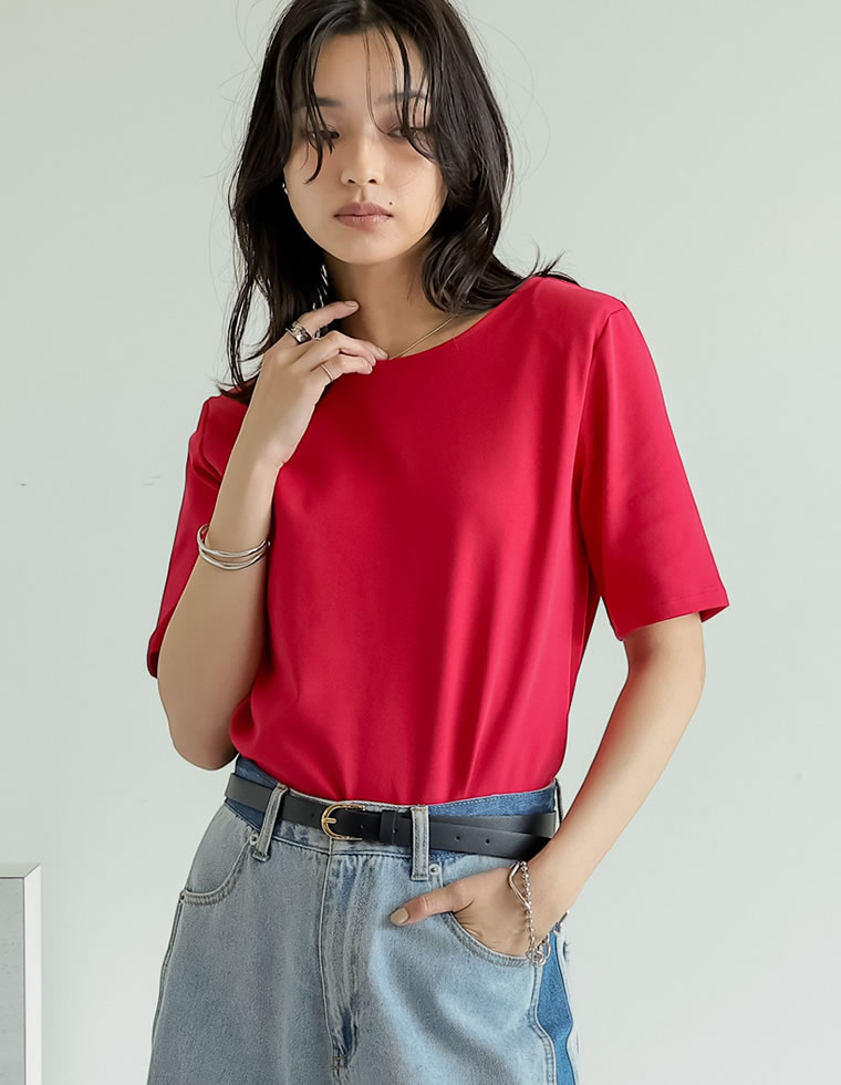 冷感マシュマロカットソーショルダーパッド半袖トップス