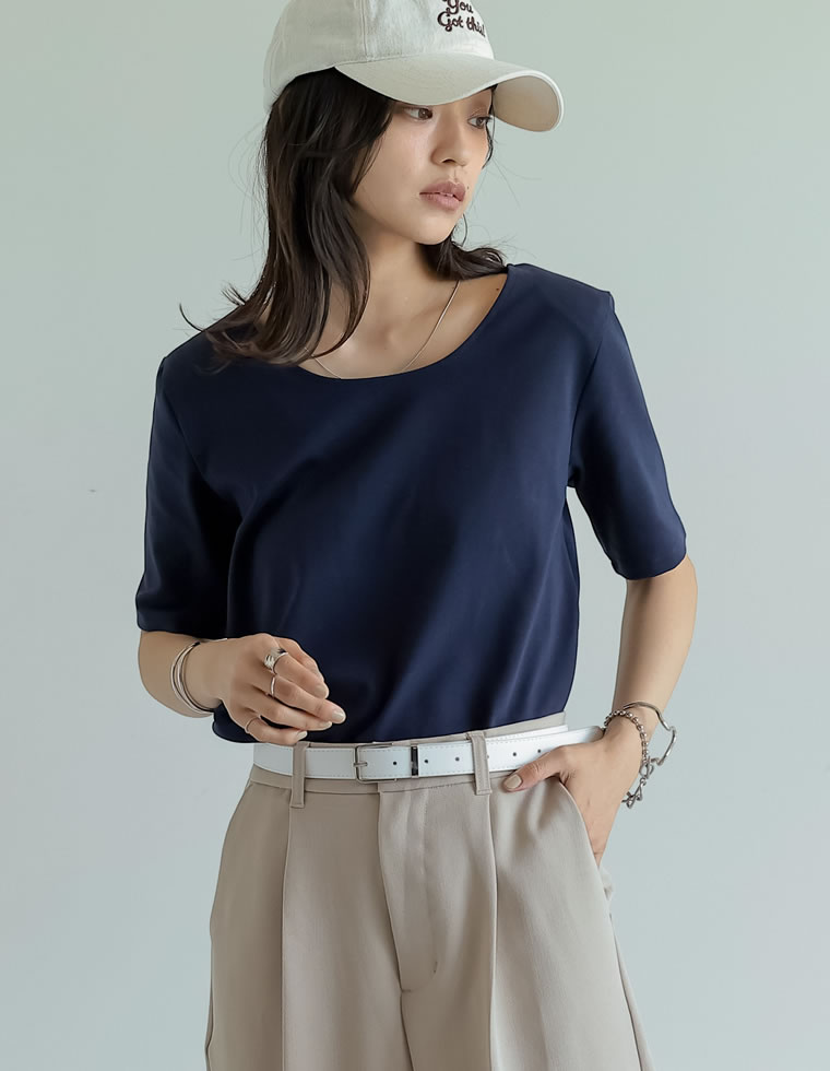 冷感マシュマロカットソーショルダーパッド半袖トップス