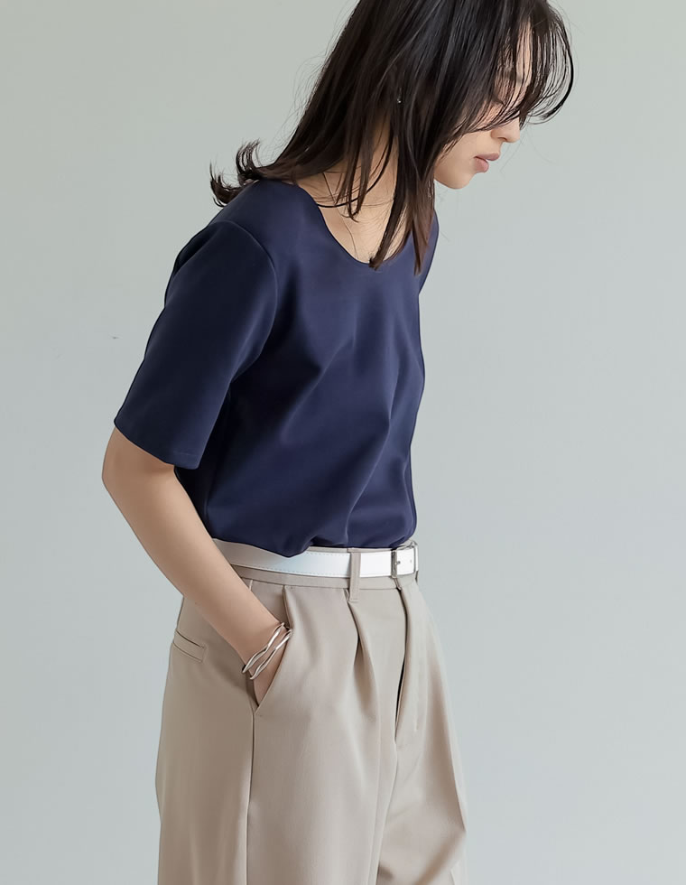 冷感マシュマロカットソーショルダーパッド半袖トップス