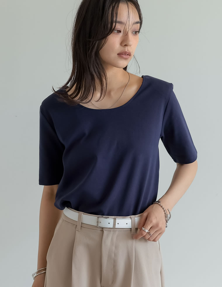 冷感マシュマロカットソーショルダーパッド半袖トップス