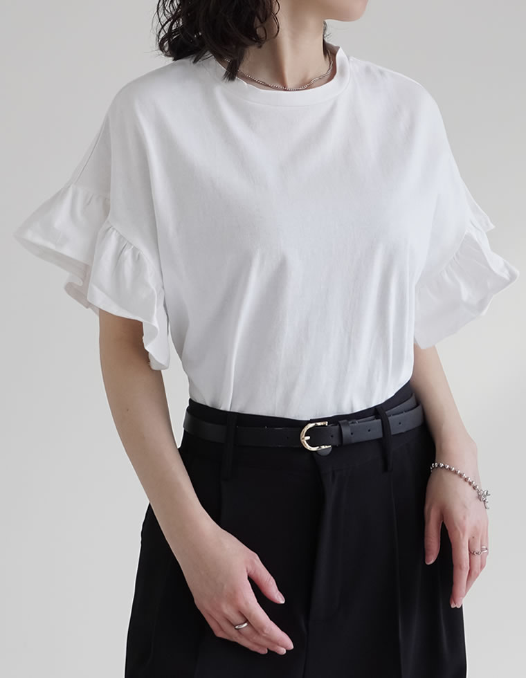 綿天竺ショルダーフリルTシャツ