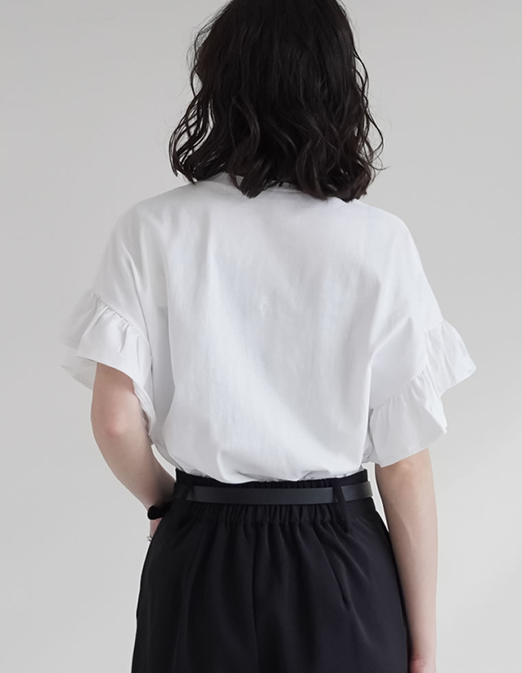 綿天竺ショルダーフリルTシャツ