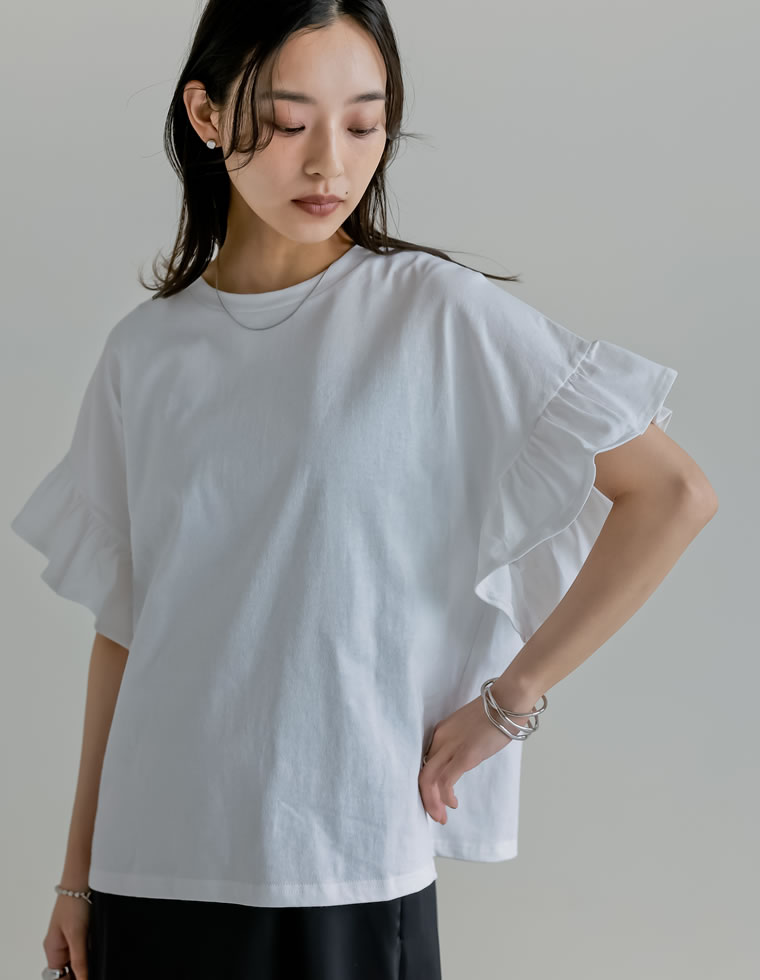 綿天竺ショルダーフリルTシャツ