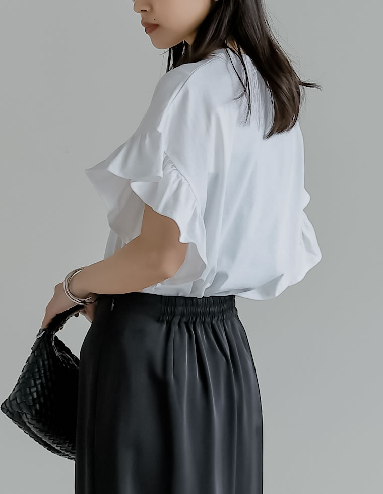 綿天竺ショルダーフリルTシャツ