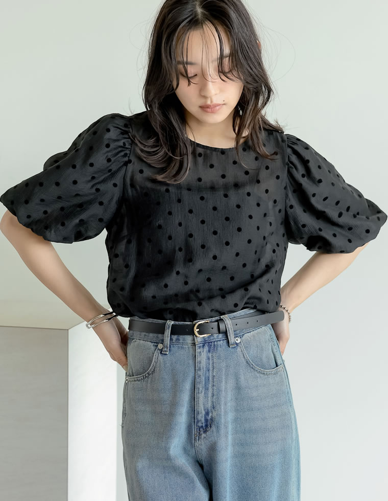 シアードットバルーンスリーブブラウス