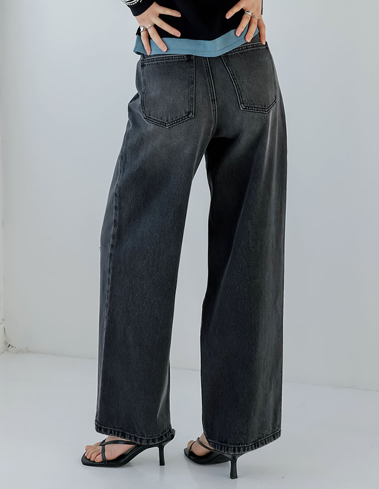 ワイドストレートダメージデニムパンツ