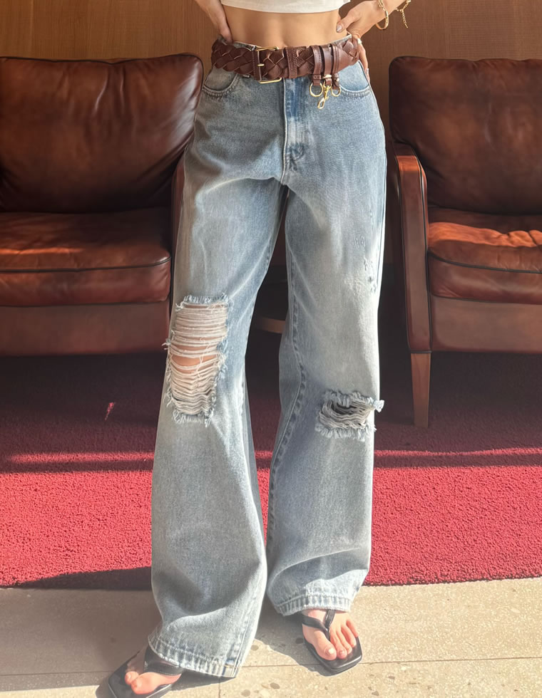 ワイドストレートダメージデニムパンツ