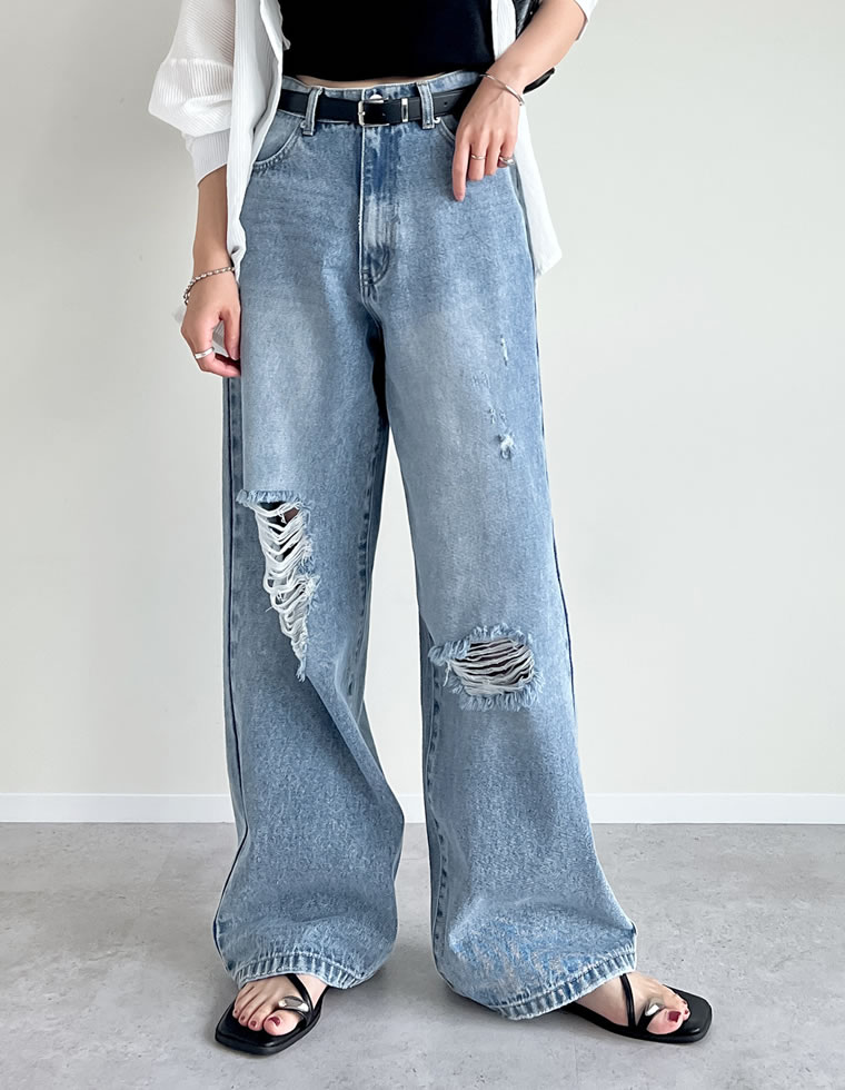 ワイドストレートダメージデニムパンツ