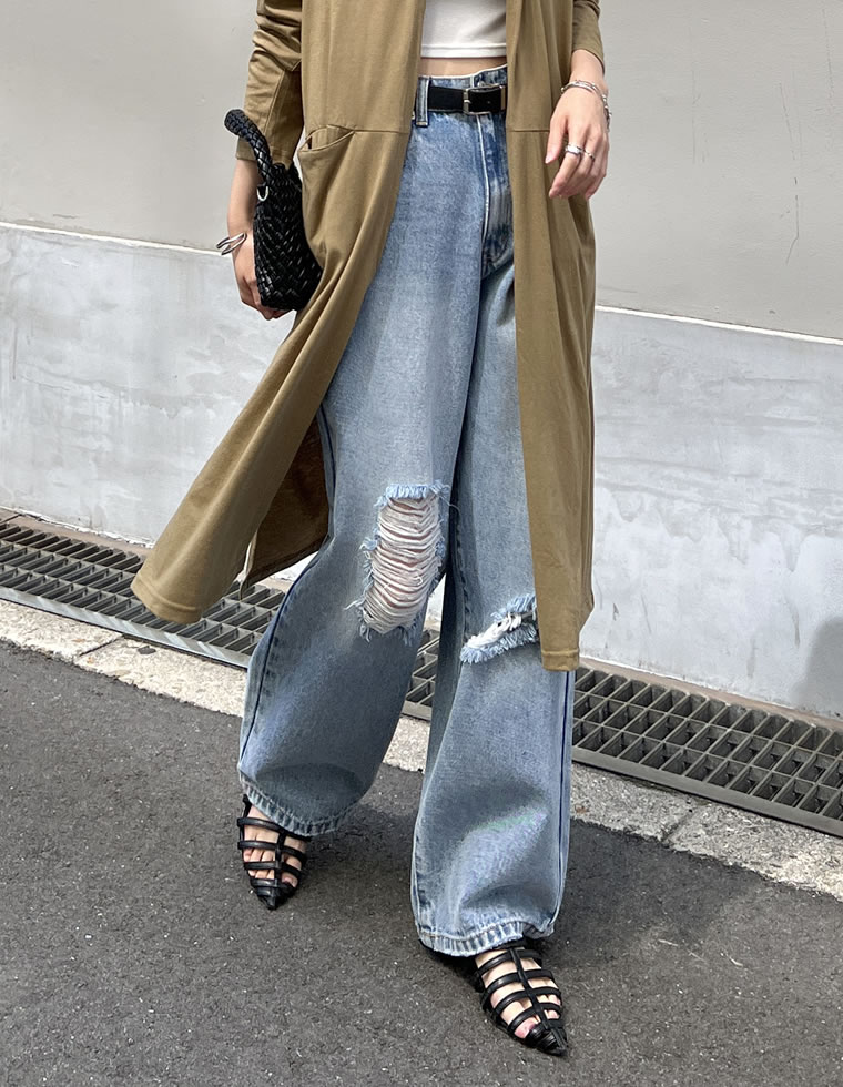 ワイドストレートダメージデニムパンツ