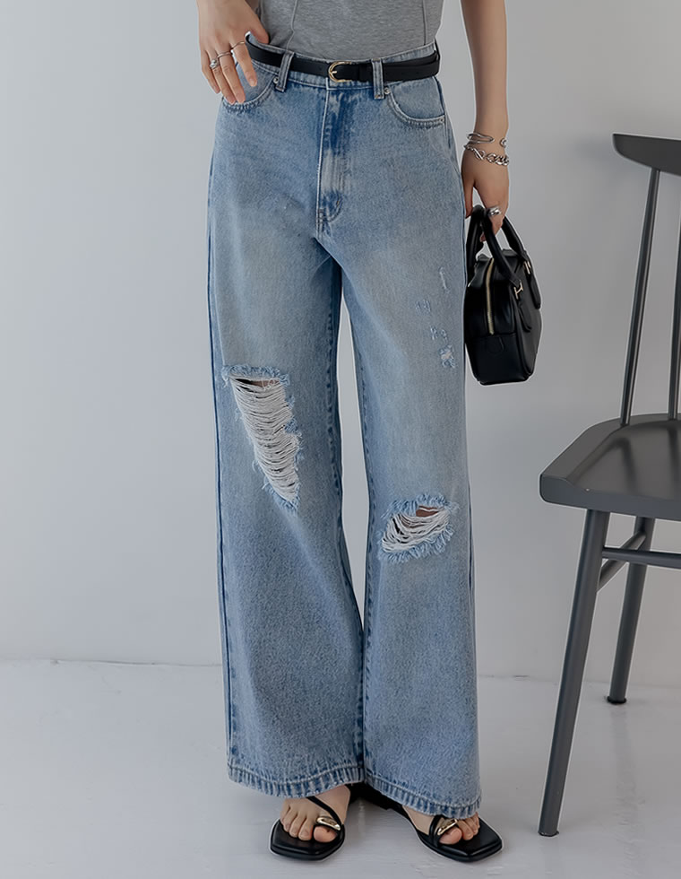 ワイドストレートダメージデニムパンツ