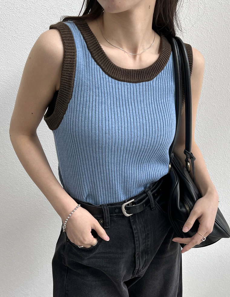 リブニット配色ノースリーブトップス