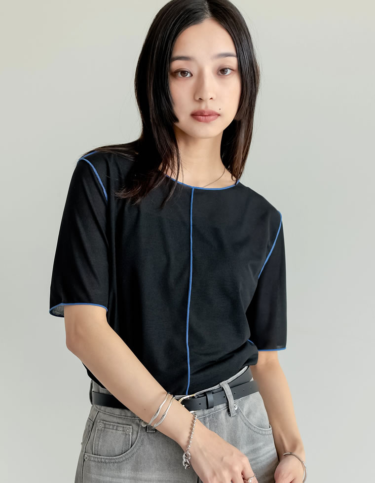 2WAYシアーカットソー配色半袖トップス