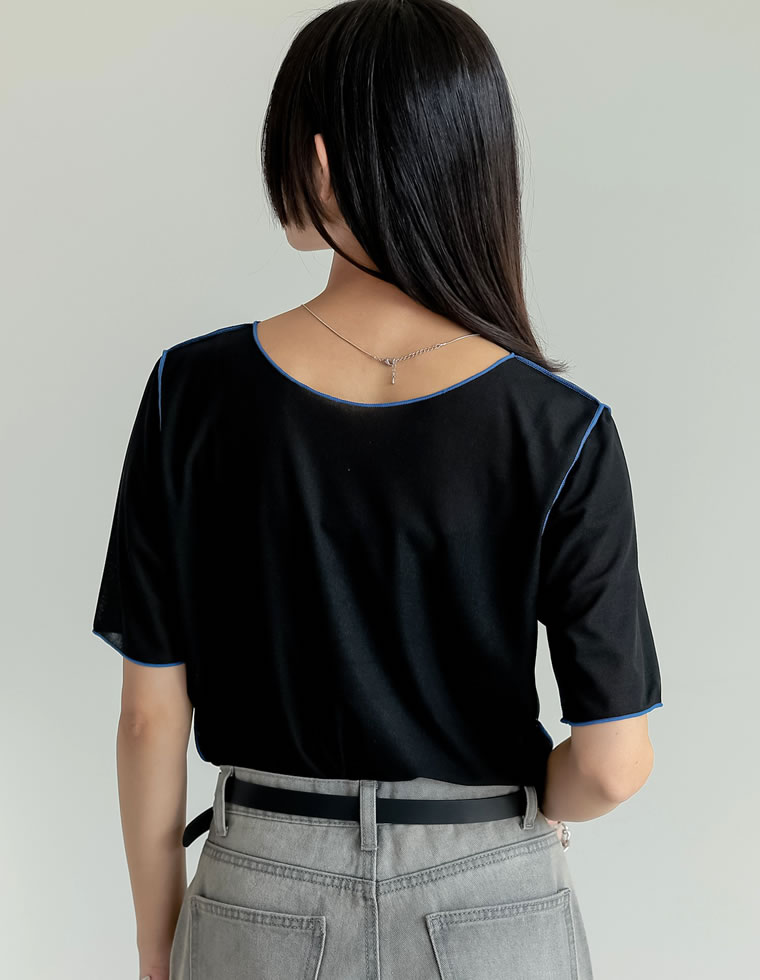 2WAYシアーカットソー配色半袖トップス