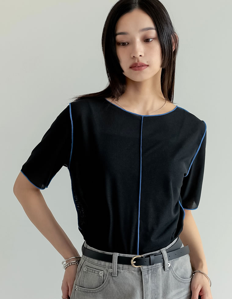 2WAYシアーカットソー配色半袖トップス