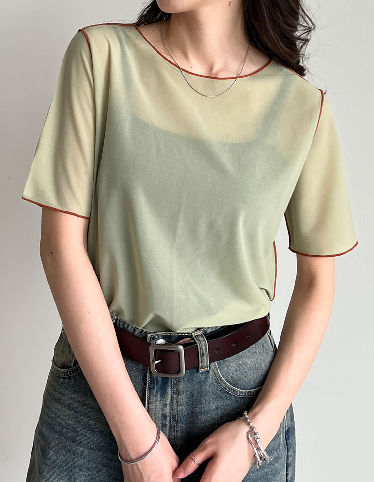2WAYシアーカットソー配色半袖トップス