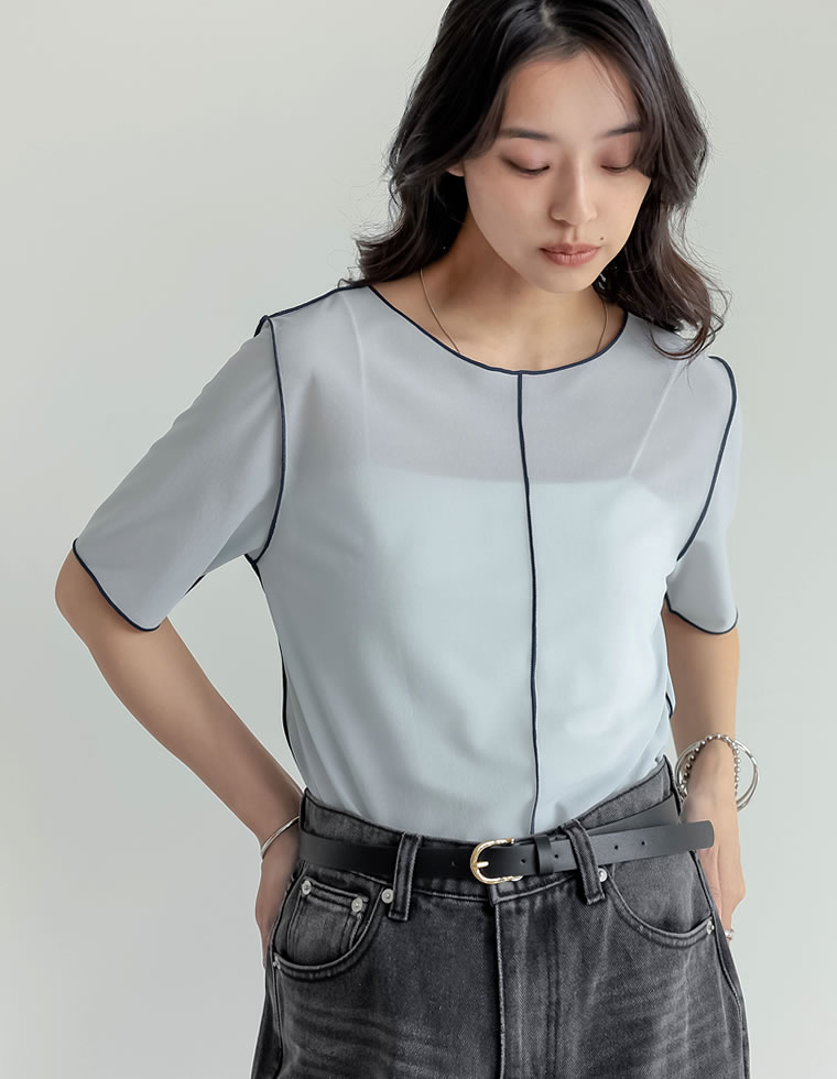 2WAYシアーカットソー配色半袖トップス