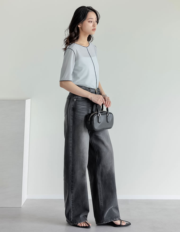 2WAYシアーカットソー配色半袖トップス