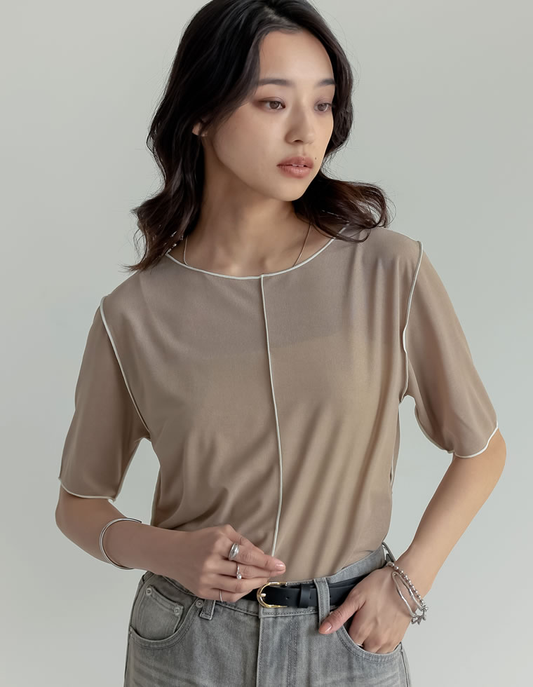 2WAYシアーカットソー配色半袖トップス