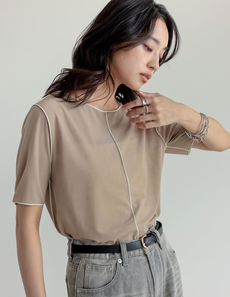 2WAYシアーカットソー配色半袖トップス
