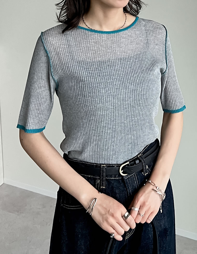 麻タッチ配色クルーネックシアートップス
