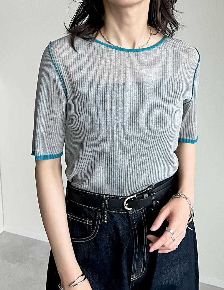 麻タッチ配色クルーネックシアートップス