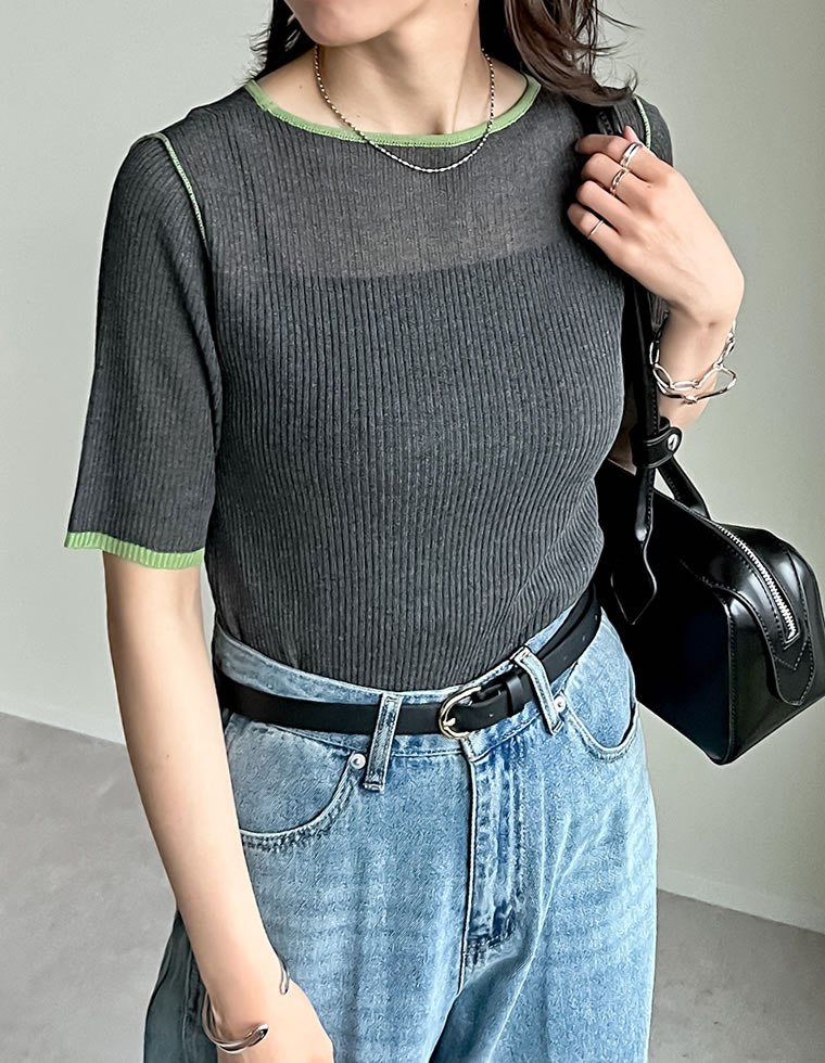 麻タッチ配色クルーネックシアートップス