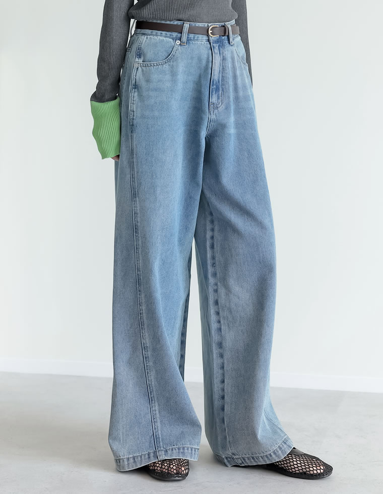 コットンデニムパネルワイドパンツ