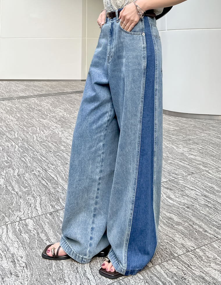 コットンデニムパネルワイドパンツ