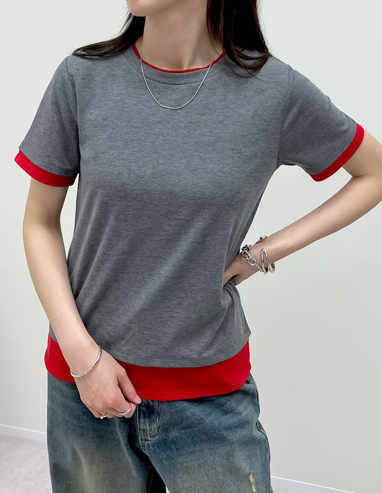 レイヤード風シアースムース半袖トップス