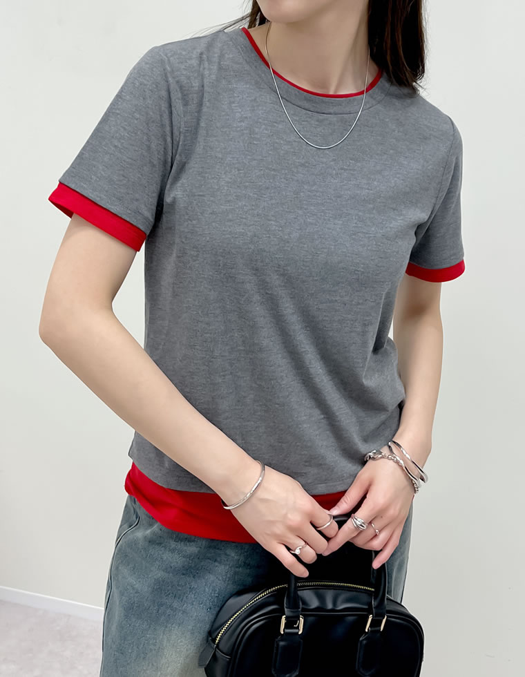 レイヤード風シアースムース半袖トップス