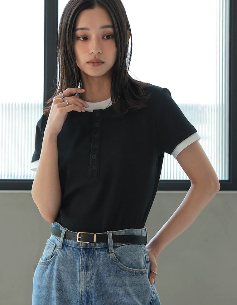 配色ヘンリーネック半袖トップス