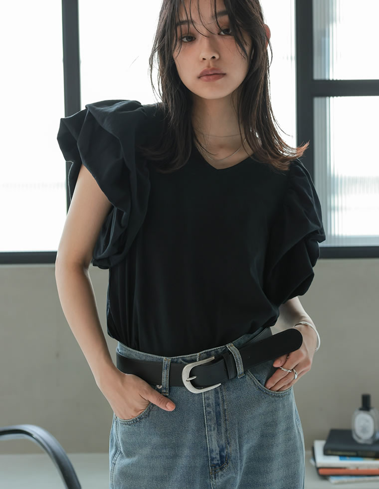 天竺バルーンスリーブVネックTシャツ