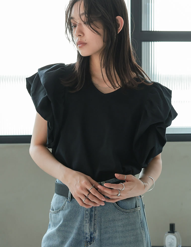 天竺バルーンスリーブVネックTシャツ