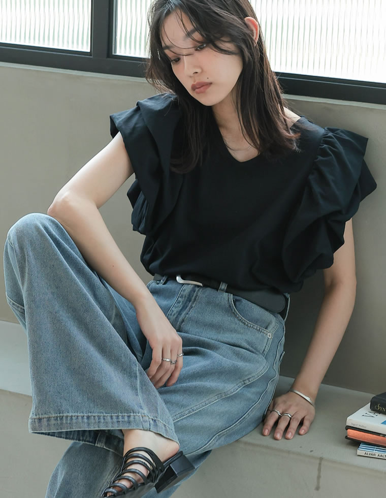 天竺バルーンスリーブVネックTシャツ