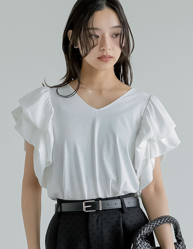 天竺バルーンスリーブVネックTシャツ