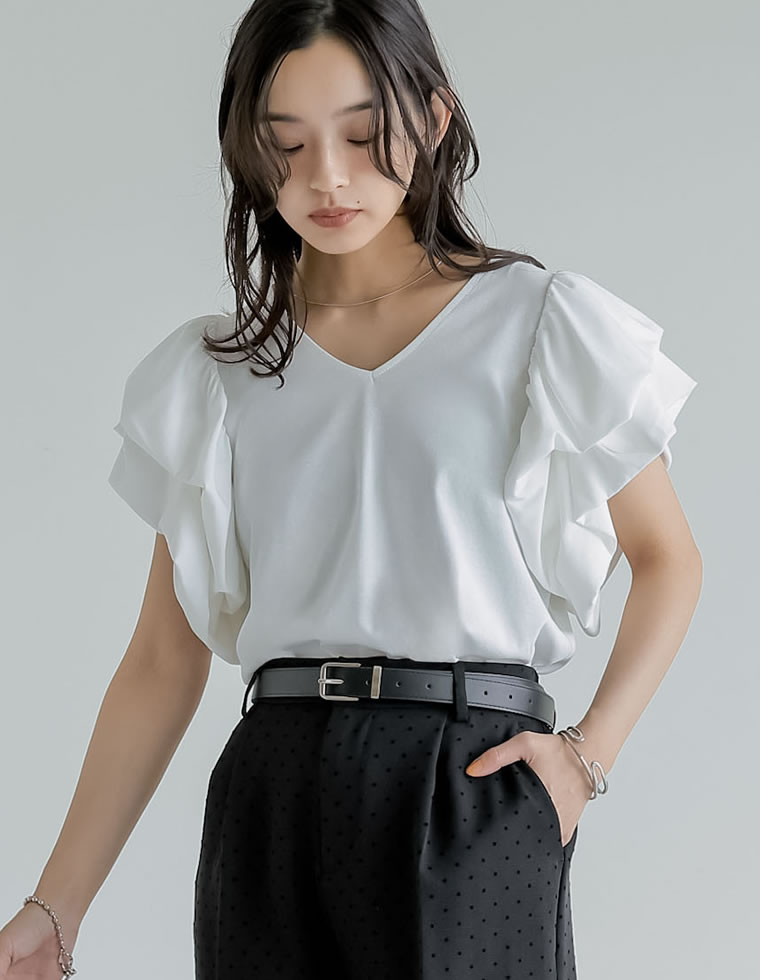 天竺バルーンスリーブVネックTシャツ