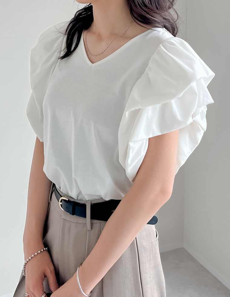 天竺バルーンスリーブVネックTシャツ