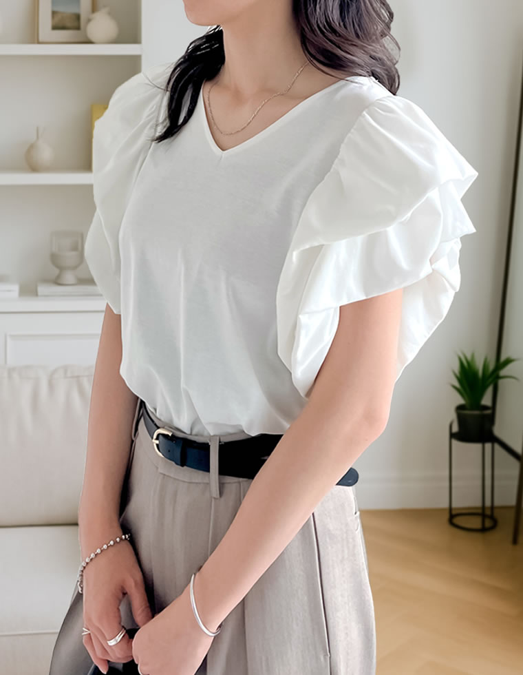 天竺バルーンスリーブVネックTシャツ