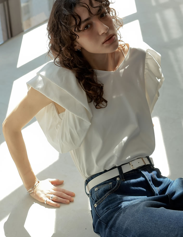 天竺バルーンスリーブVネックTシャツ