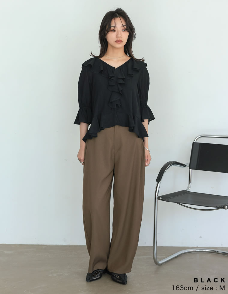ラッフルフリル楊柳シアーブラウス