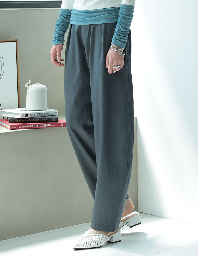 リネンライクタックバレルレッグパンツ