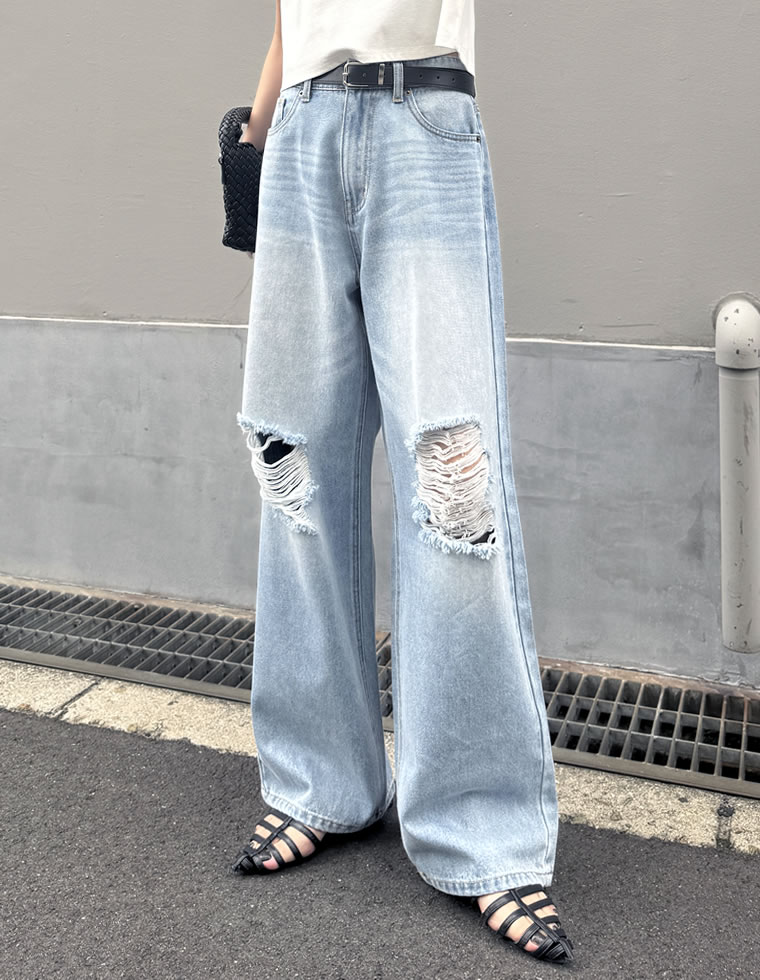 ダメージデニムワイドストレートパンツ