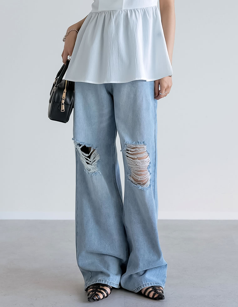 ダメージデニムワイドストレートパンツ