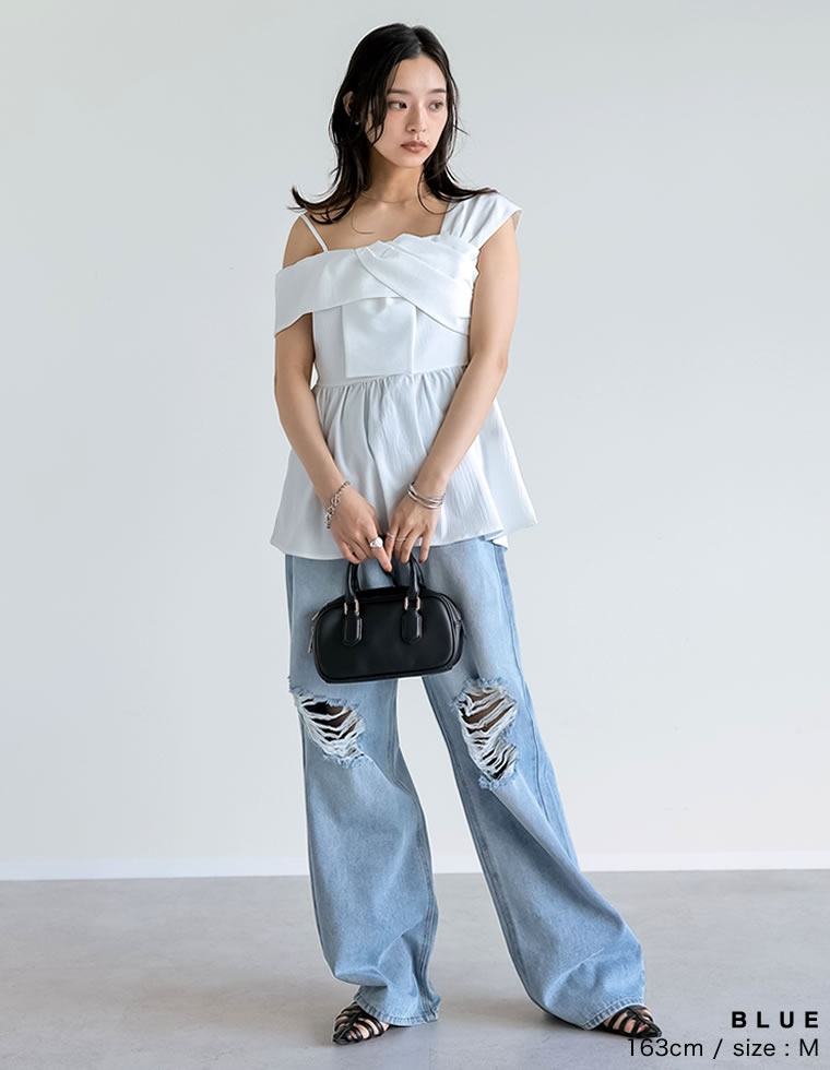 ダメージデニムワイドストレートパンツ